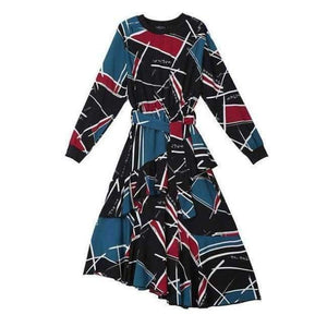 Planet Gates 3906 Blue / One Size 2018 Korean Style Women Autumn Long Dress Multicolor Geometrical Pattern Printed Ankle Length Girls Stylish Party Dresses 3906