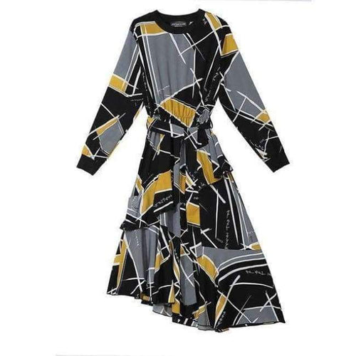 Planet Gates 3906 Gray / One Size 2018 Korean Style Women Autumn Long Dress Multicolor Geometrical Pattern Printed Ankle Length Girls Stylish Party Dresses 3906