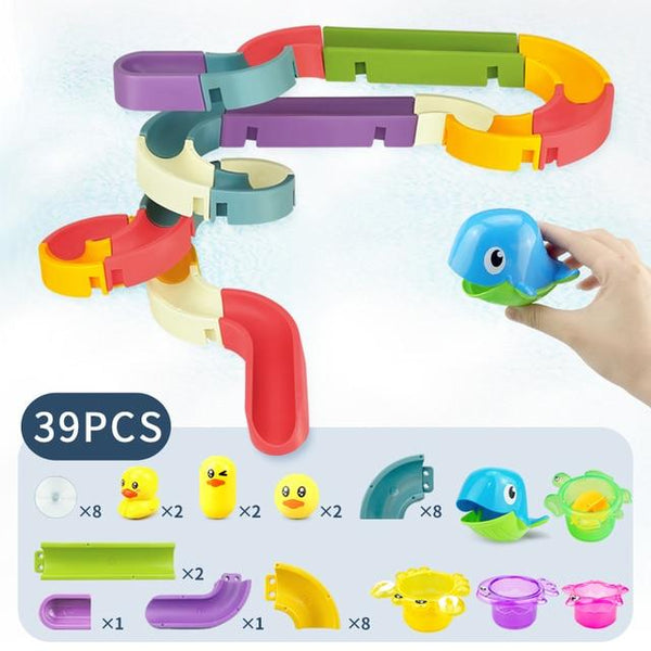 Planet Gates 39PCS Baby Bath Toys DIY Marble Race Run Assembling Track Bathroom Bathtub Kids Play Water Spray Toy Set Stacking Cups For Children