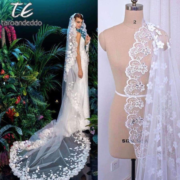 Planet Gates 3D Flowers Lace Applique with Silver Beading Ivory 3M Long Wedding Veil with Comb Long Bridal Head Veil Accessories