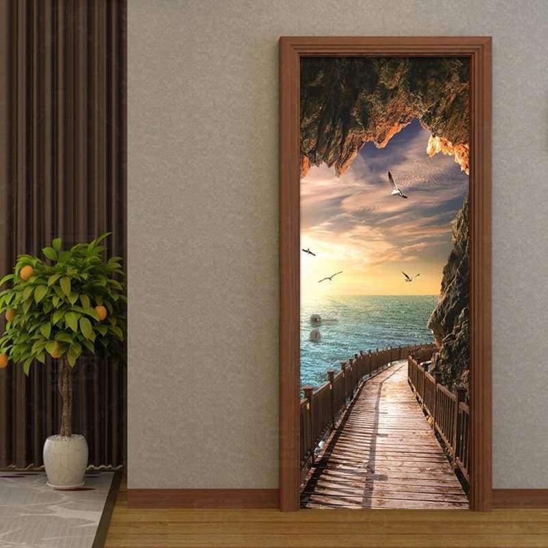 Planet Gates 3D Wallpaper Beautiful Seaside Landscape Photo Wall Door Mural Living Room Bedroom Creative DIY Door Sticker PVC Vinyl Wallpaper