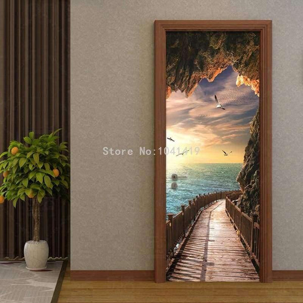 Planet Gates 3D Wallpaper Beautiful Seaside Landscape Photo Wall Door Mural Living Room Bedroom Creative DIY Door Sticker PVC Vinyl Wallpaper