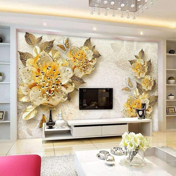 Planet Gates 3D Wallpaper European Style Golden Diamond Flower Jewelry Backdrop Wall Painting Murals Hotel Living Room TV Sofa Home Decor 3 D