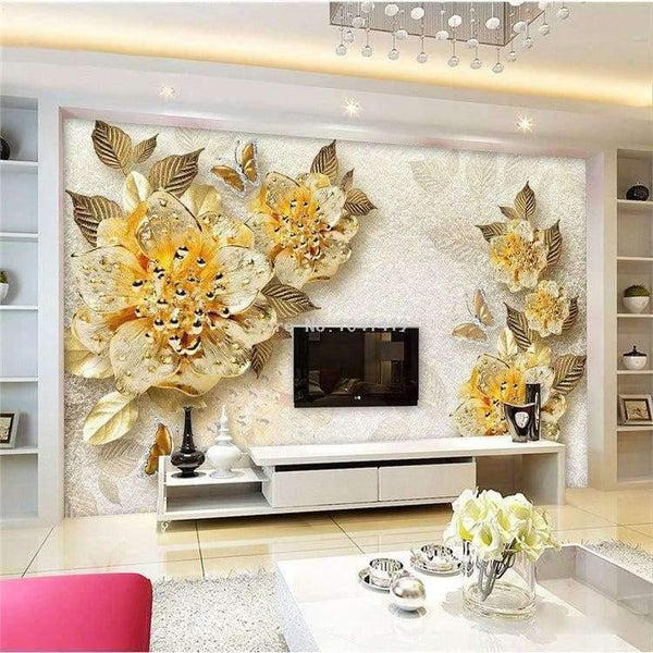 Planet Gates 3D Wallpaper European Style Golden Diamond Flower Jewelry Backdrop Wall Painting Murals Hotel Living Room TV Sofa Home Decor 3 D