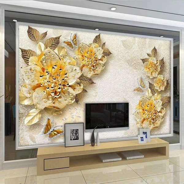 Planet Gates 3D Wallpaper European Style Golden Diamond Flower Jewelry Backdrop Wall Painting Murals Hotel Living Room TV Sofa Home Decor 3 D
