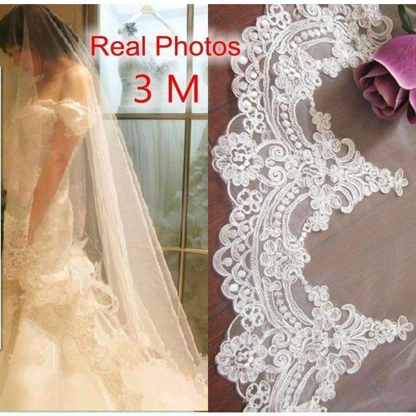 Planet Gates 3M White/Ivory Beautiful Cathedral Length Lace Edge Wedding Bridal Veil With Comb Wedding Accessories MD3084