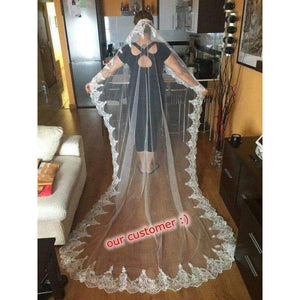 Planet Gates 3M White/Ivory Beautiful Cathedral Length Lace Edge Wedding Bridal Veil With Comb Wedding Accessories MD3084