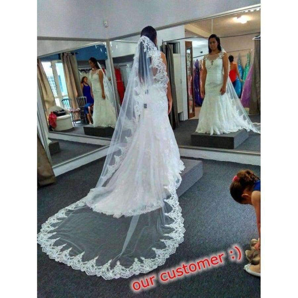Planet Gates 3M White/Ivory Beautiful Cathedral Length Lace Edge Wedding Bridal Veil With Comb Wedding Accessories MD3095