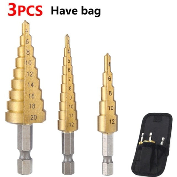 Planet Gates 3PC 4-12 3-12 4-20 3-12mm 4-12mm 4-20mm HSS Straight Groove Step Drill Bit Set Titanium Coated Wood Metal Hole Cutter Core Drill Bit Set