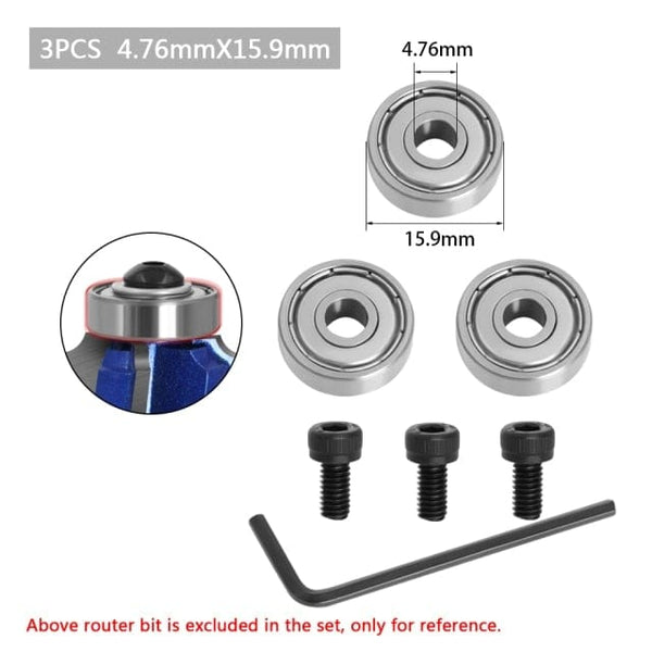 Planet Gates 3pcs 4.76x15.9mm Durable Steel Bearings Accessories Kit Fits for Router bits Heads and Shank Top Mounted 1/2, 3/8, 3/4 Bearing &amp; Stop Ring