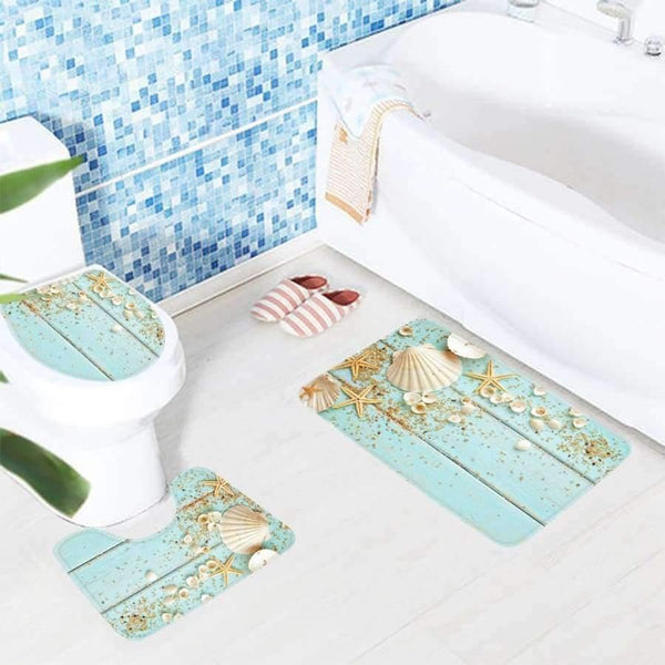 Planet Gates 3pcs Bath Mat Set Beach Starfish Decoration Shells Pebbles Pattern Bathroom Rug Anti Slip Toilet Mat Set Bathroom Products