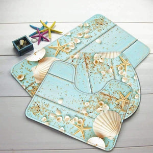 Planet Gates 3pcs Bath Mat Set Beach Starfish Decoration Shells Pebbles Pattern Bathroom Rug Anti Slip Toilet Mat Set Bathroom Products