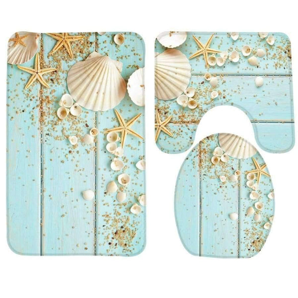 Planet Gates 3pcs Bath Mat Set Beach Starfish Decoration Shells Pebbles Pattern Bathroom Rug Anti Slip Toilet Mat Set Bathroom Products