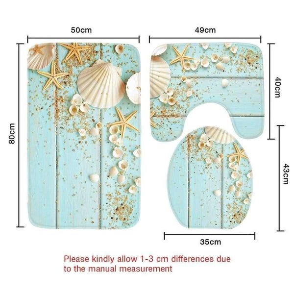 Planet Gates 3pcs Bath Mat Set Beach Starfish Decoration Shells Pebbles Pattern Bathroom Rug Anti Slip Toilet Mat Set Bathroom Products