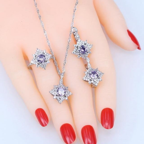 Planet Gates 3PCS / Purple / 6 925 Silver Jewelry Sets Ladies Wedding Jewelry Earrings Ring Bracelet Costume Necklace Set Gift Box