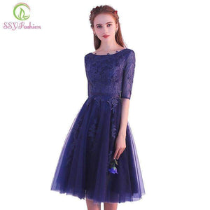 Planet Gates 4 Elegant Short Lace Cocktail Dresses The Bride Banquet Navy Blue Half-sleeved Appliques Knee-length Party Formal Gown