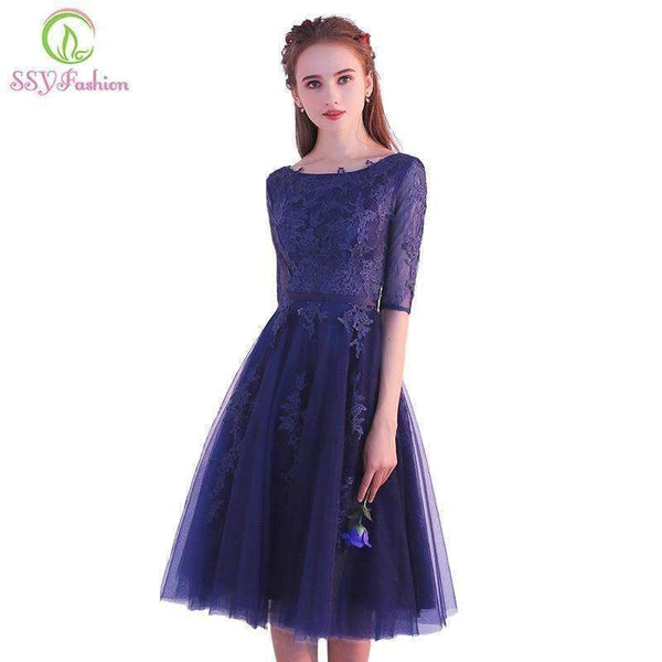 Planet Gates 4 Elegant Short Lace Cocktail Dresses The Bride Banquet Navy Blue Half-sleeved Appliques Knee-length Party Formal Gown