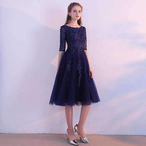 Planet Gates 4 Elegant Short Lace Cocktail Dresses The Bride Banquet Navy Blue Half-sleeved Appliques Knee-length Party Formal Gown