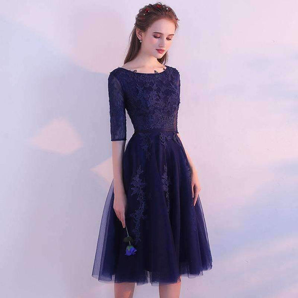Planet Gates 4 Elegant Short Lace Cocktail Dresses The Bride Banquet Navy Blue Half-sleeved Appliques Knee-length Party Formal Gown