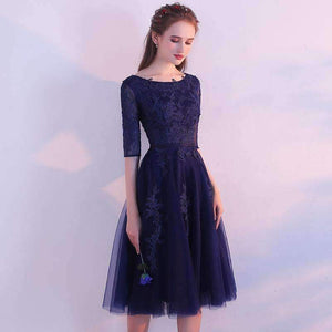 Planet Gates 4 Elegant Short Lace Cocktail Dresses The Bride Banquet Navy Blue Half-sleeved Appliques Knee-length Party Formal Gown