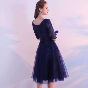 Planet Gates 4 Elegant Short Lace Cocktail Dresses The Bride Banquet Navy Blue Half-sleeved Appliques Knee-length Party Formal Gown