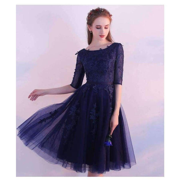 Planet Gates 4 Elegant Short Lace Cocktail Dresses The Bride Banquet Navy Blue Half-sleeved Appliques Knee-length Party Formal Gown