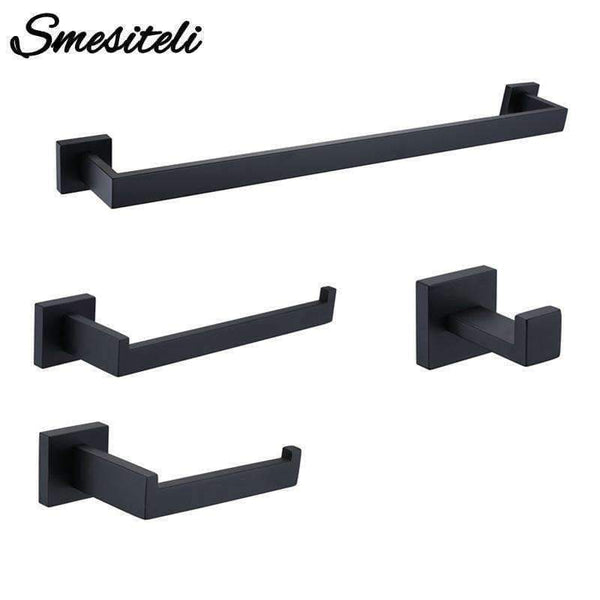 Planet Gates 4 piece Bathrrom Set Bathroom Hardware Set Black Robe Hook Towel Rail Bar Rack Bar Shelf Tissue Paper Holder Toothbrush Holder Bathroom Accessories
