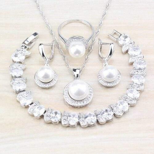 Planet Gates 4-piece set / 10 Freshwater Pearls White Round 925 Silver Jewelry Sets For Women Wedding Bridal Costume Sets And Free Gift