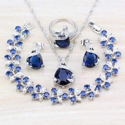 Planet Gates 4-piece set / 9 925 Silver Costume Jewelry Sets For Women Bracelets/Necklace/Pendant/Stud Earrings/Rings With Natural Blue Stone CZ Wedding Set