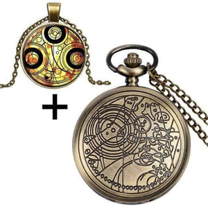 Planet Gates 4 Quartz Pocket Watch with Dr. Who Symbols Glass Dome Pendant Necklace Chain Box DAD Top Gifts Set