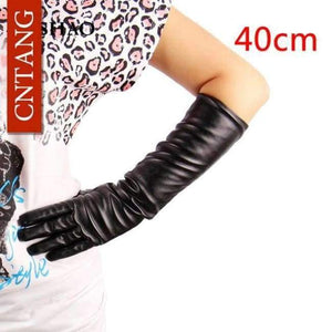 Planet Gates 40CM Black Length New 2018 Women Fashion Gloves Black Long Leather Gloves 40cm & 50cm Women's Mittens Winter Ladies Leather Gloves