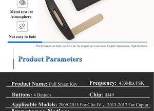Planet Gates 433MHz 4A PCF7953 Chip Car Key Card For Renault Clio IV Captur Passive Keyless Go Entry Remote Smart HandsFree System