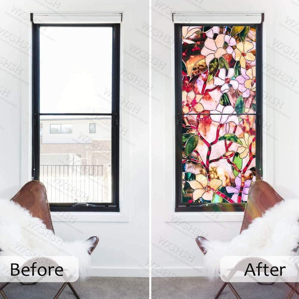 Planet Gates 45/60/90 x 200 cm Privacy solar Window Film.Static Non-adhesive Stained magnolia Pattern Home Glass Decorative Sun Blocking Film