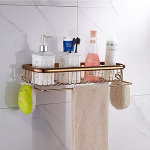 Planet Gates 45cm Shower Basket Gold Bathroom Accessories Brass Wall Mounted Toilet Brush Paper Towel Holder Rack Glass Shelf Bath Hardware Set