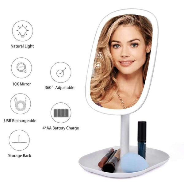 Planet Gates 47 LED Lights 360 Rotating Desktop Mirror Touch Screen Makeup Mirror Professional Vanity Mirror Beauty Adjustable Countertop