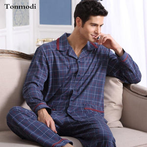 Planet Gates 480 Blue / M Long Sleeve Sleepwear Cotton Plaid Cardigan Pyjamas Men Lounge Pajama Sets Plus size 4XL Sleep