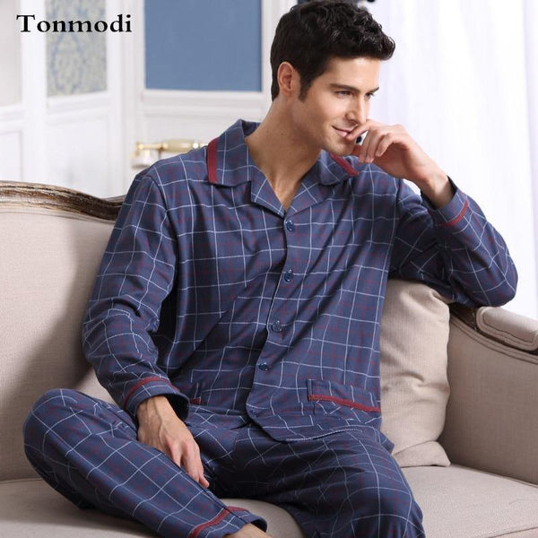 Planet Gates 480 Blue / M Long Sleeve Sleepwear Cotton Plaid Cardigan Pyjamas Men Lounge Pajama Sets Plus size 4XL Sleep