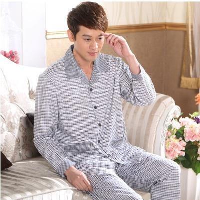 Planet Gates 480 Blue / M Long Sleeve Sleepwear Cotton Plaid Cardigan Pyjamas Men Lounge Pajama Sets Plus size 4XL Sleep