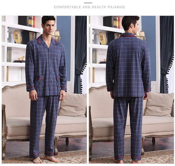 Planet Gates 480 Blue / M Long Sleeve Sleepwear Cotton Plaid Cardigan Pyjamas Men Lounge Pajama Sets Plus size 4XL Sleep