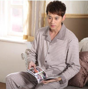 Planet Gates 480 coffee Cotton / M Long Sleeve Sleepwear Cotton Plaid Cardigan Pyjamas Men Lounge Pajama Sets Plus size 4XL Sleep