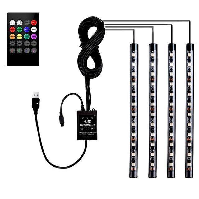 Planet Gates 48LEDS 4pcs Car RGB LED Strip Interior Light Multicolor Music Atmosphere Sound Active Function LED Strip LED Lighting with USB Port