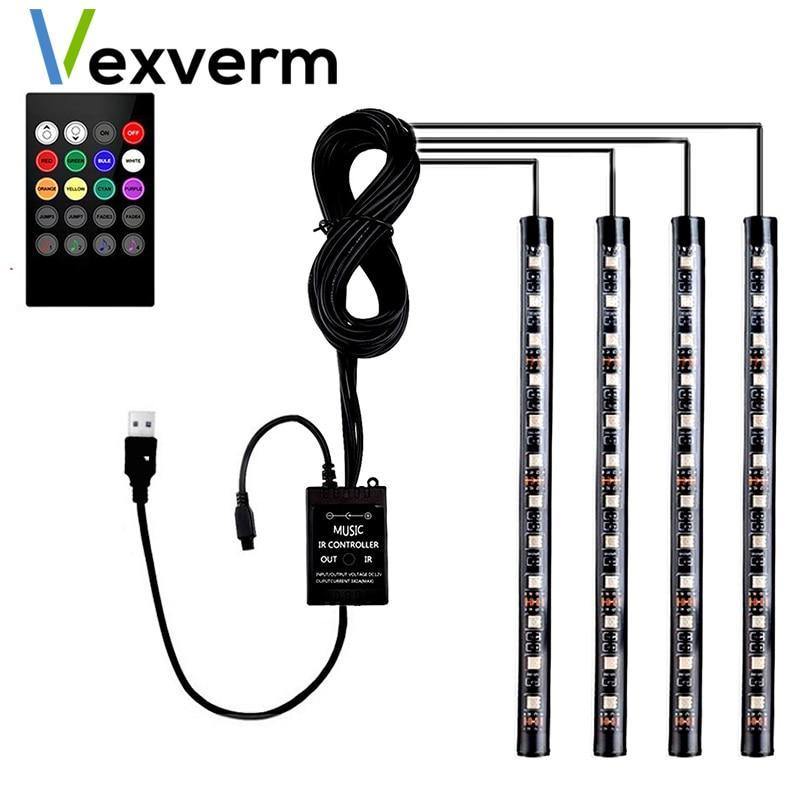 Planet Gates 48LEDS 4pcs Car RGB LED Strip Interior Light Multicolor Music Atmosphere Sound Active Function LED Strip LED Lighting with USB Port