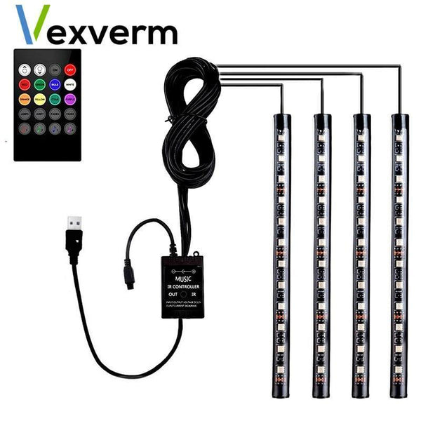 Planet Gates 48LEDS 4pcs Car RGB LED Strip Interior Light Multicolor Music Atmosphere Sound Active Function LED Strip LED Lighting with USB Port
