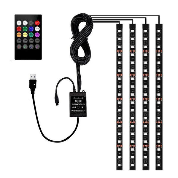 Planet Gates 48LEDS 4pcs Car RGB LED Strip Interior Light Multicolor Music Atmosphere Sound Active Function LED Strip LED Lighting with USB Port