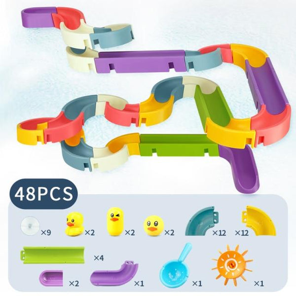 Planet Gates 48PCS Baby Bath Toys DIY Marble Race Run Assembling Track Bathroom Bathtub Kids Play Water Spray Toy Set Stacking Cups For Children