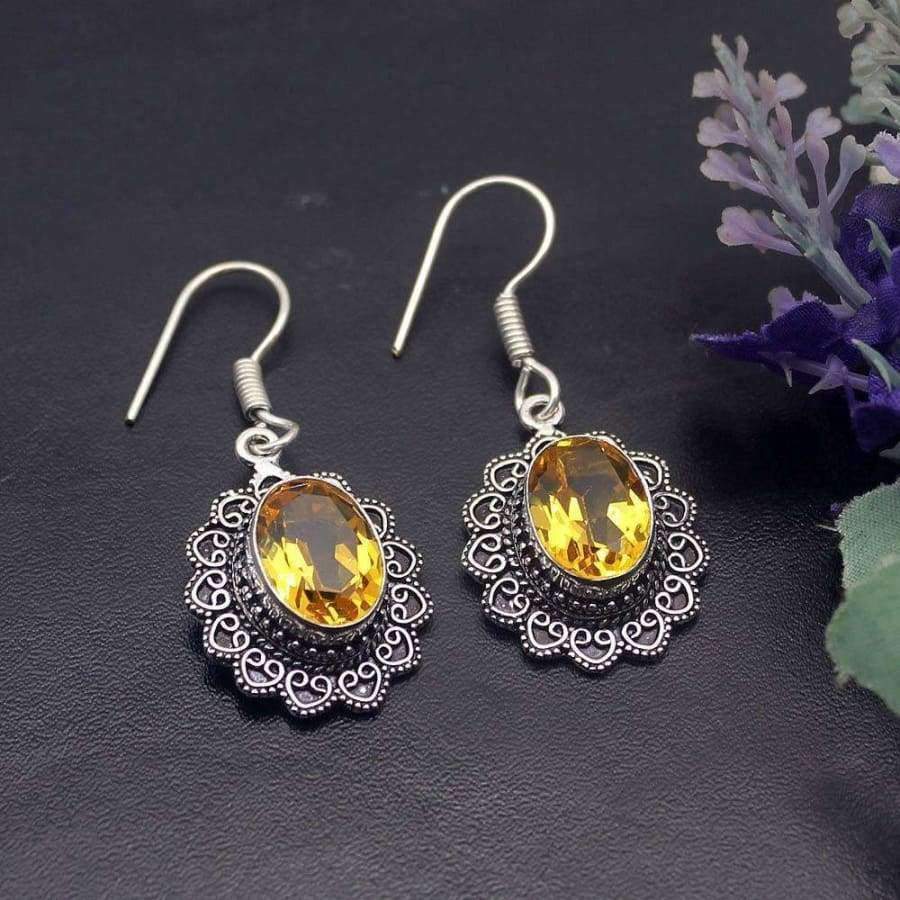 Planet Gates 49% OFF Vintage Shiny Yellow Citrine925 Sterling Silver Women Ladies Dangle Earrings 1 3/4 Inch PT07