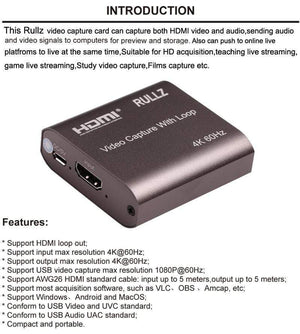 Planet Gates 4K 60hz Loop Out HDMI Capture Card Audio Video Recording Plate Live Streaming USB 2.0 3.0 1080p Grabber for PS4 Game DVD Camera