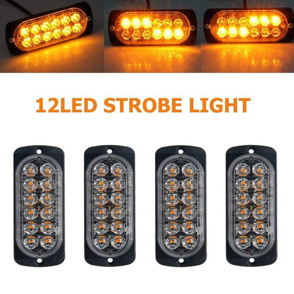 Planet Gates 4PCS 12V 24V 12 LED Super Bright Emergency Warning Caution Waterproof Amber Strobe Light Bar Flashing for Auto Car Truck SUV Van