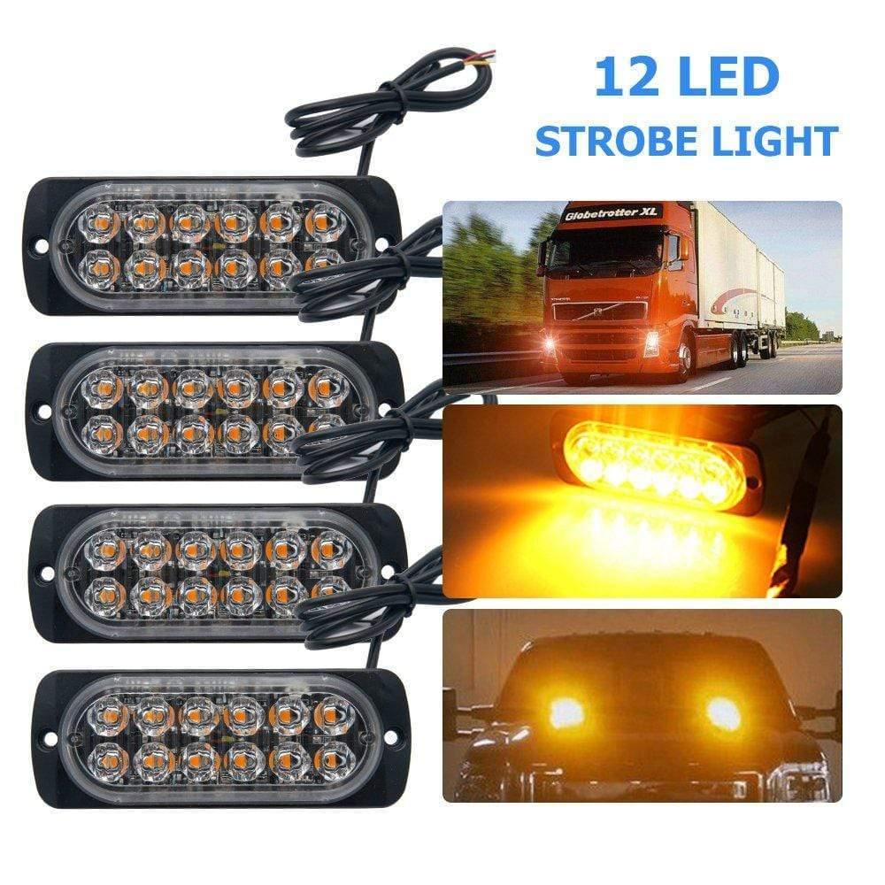 Planet Gates 4PCS 12V 24V 12 LED Super Bright Emergency Warning Caution Waterproof Amber Strobe Light Bar Flashing for Auto Car Truck SUV Van