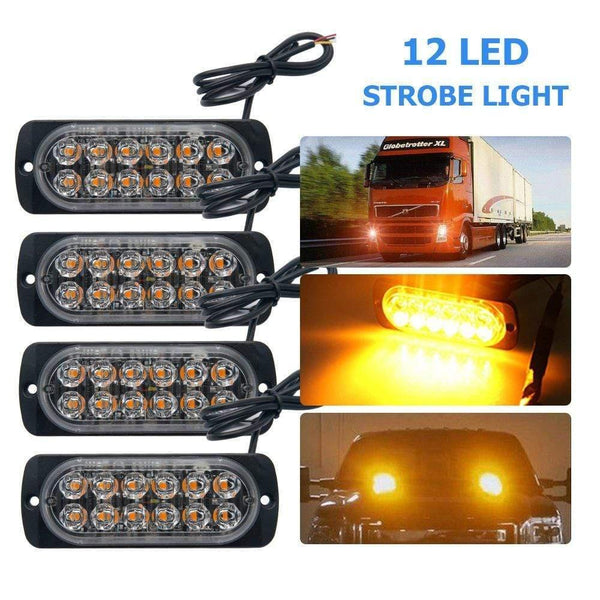 Planet Gates 4PCS 12V 24V 12 LED Super Bright Emergency Warning Caution Waterproof Amber Strobe Light Bar Flashing for Auto Car Truck SUV Van
